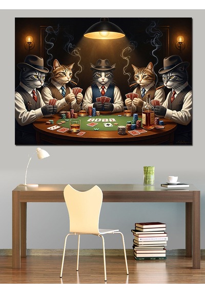 Ahşap Tablo Kumar Masasında Poker Oynayan Kediler Çiçek Resimli Tablolar