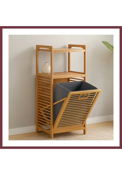 Storeşahin 2 Katlı Bambu Çamaşır Sepeti Önden Çek-aç Organizer 40x35x95 Cm Shn0720