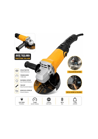 Moonshop 2800W Devir Ayarlı Avuç Içi Spiral Taşlama Makinesi 115-125 MM + 2 Adet Inox Disk