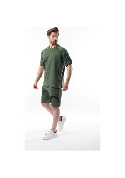 Madmext Haki Baskılı Reglan Kol Erkek Şort T-shirt Takımı E7306