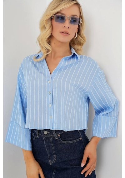Defymoda Çizgili Oversize Kısa Gömlek 20326 - Mavi Mavi