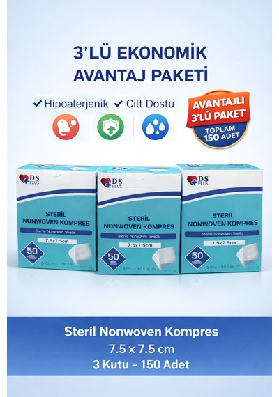 Steril Nonwoven Kompres 7.5x7.5 Cm 150 Adet 3 Lü Paket Hipoalerjenik Yüksek Emici Kumaş
