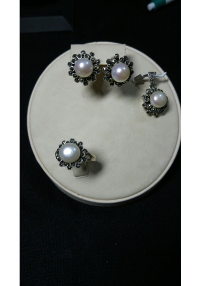 Markazit Cerceveli İncili 3 Lü Set Beyaz