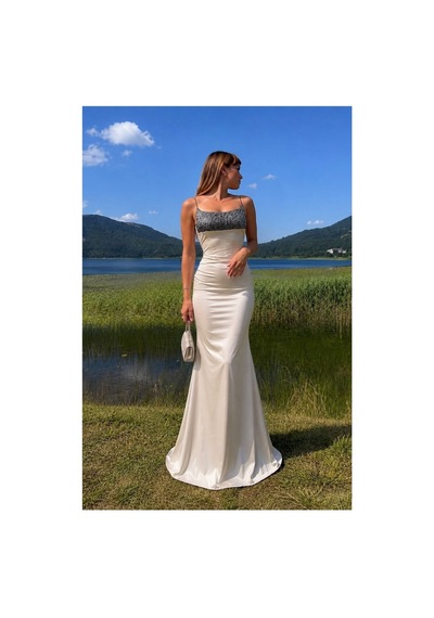 Store Saten Yaka Elbise Dik Drapeli Kumaş Abiye Maxi Bej - 935901978 Bej