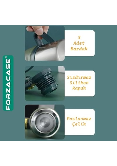3 Bardaklı Paslanmaz Çelik 700 Ml Sıcak Soğuk Tutan Çay Kahve Su Termosu - Fc435 Siyah Genel