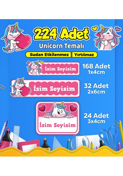 Unicorn Temalı Okul Kreş Kişiye Özel İsim Etiket Seti - Model 565 Çok Renkli