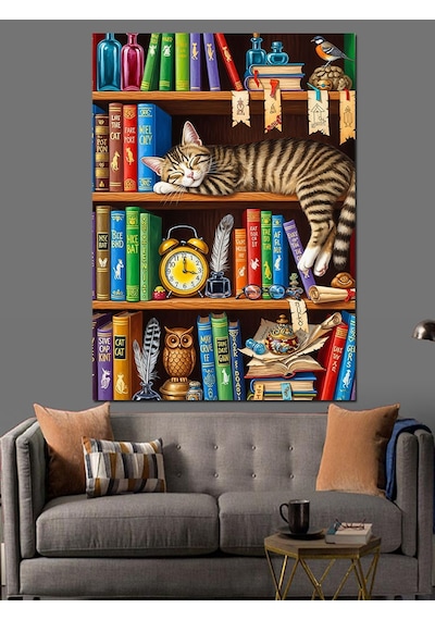 Ahşap Tablo Kitaplıkta Uyuyan Kedi Resmi
