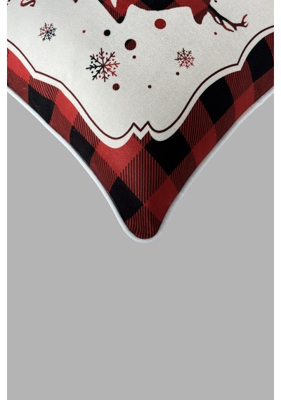 Kırlent Kılıfı Yılbaşı Temalı Merry Christmas Geyikli 45x45 Raşel Örme Kadife Dijital Baskı Beyaz Biyeli Çok Renkli