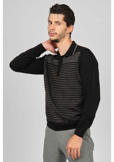 Desen Triko Erkek Desenli Polo Yaka Yün Kazak 0249642 Siyah