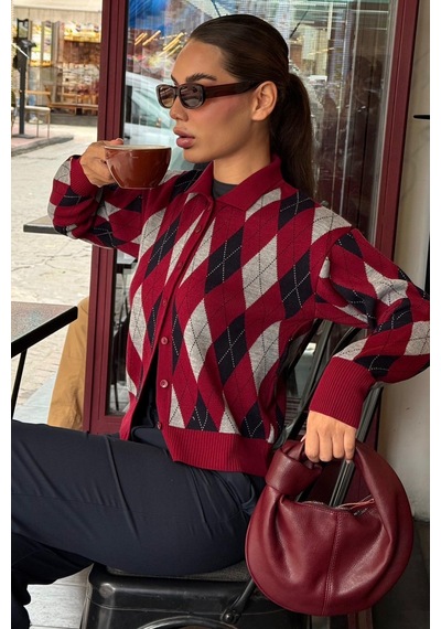 Madmext Bordo Baklava Desenli Polo Yaka Kadın Hırka Mg2478 Bordo