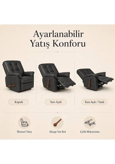 Smarto Relax Vıp Manuel Mekanizmalı Gerçek Deri Ceviz Ahşap Sırtlı Tv Koltuğu Baba Koltuğu Siyah