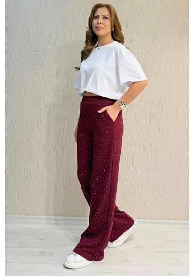 Fiolin Soft Touch Modal Kumaş Taş İşlemeli Pantolon Bordo