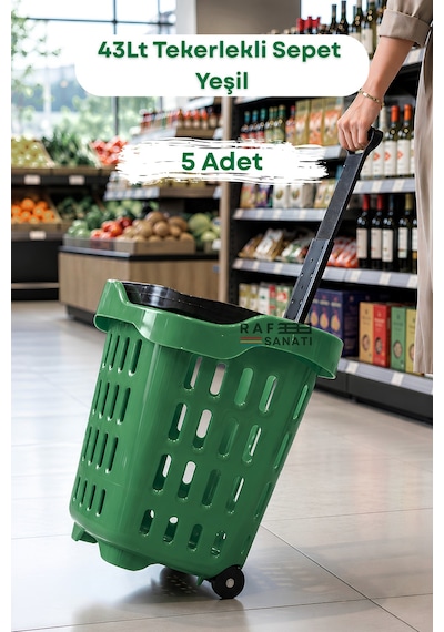 5 Adet - 43 Lt Tekerlekli Market Sepeti Plastik Alışveriş Sepeti Ergonomik Çift Saplı Yeşil