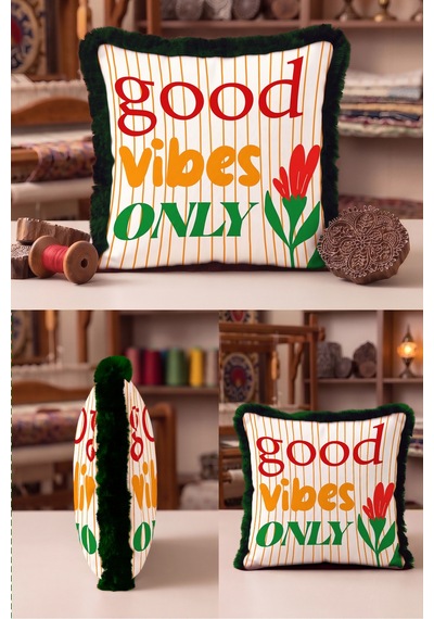 Good Vibes Only Çiçekli Saçaklı Yastık Kılıfı - Retro Botanik Yeşil Siyah Püsküllü Kırlent Kılıfı Yeşil