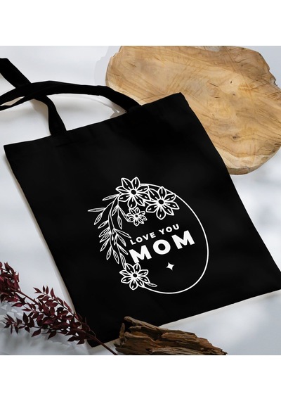Bk Gift Anneler Günü Tasarımlı Siyah Kumaş Bez Çanta, Baskılı Omuz Çantası, Alışveriş Çantası, Anneler Günü Hediyesi, Anneye Hediye-4 Siyah