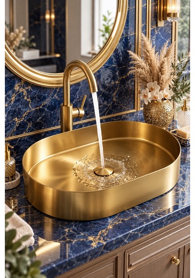 Alfas Aura Oval 60x40cm Pvd Gold Tezgah Üstü Çanak Lavabo 304 Paslanmaz Çelik 2.0mm