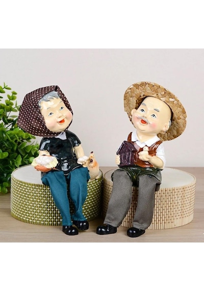 Ayakları Sallanan Mutlu Yaşlı Kümesçi Çift Biblo Dekoratif Obje Hediye Ürün Vitrin Süsü Ev Hediyesi