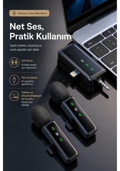 Yaka Mikrofonu Type-c Lightning Aux 2 Adet 3ın1 Kablosuz Mikrofon H68 Siyah