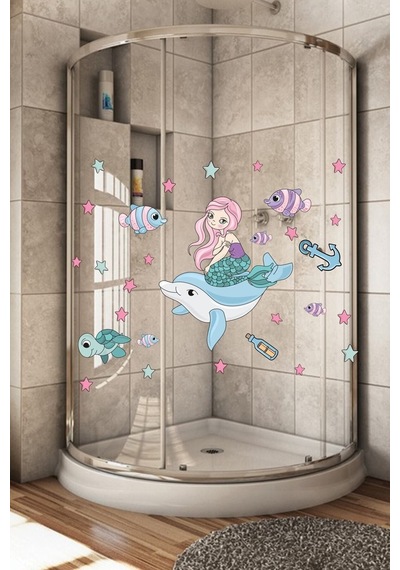 Su Altı Dünyası Deniz Kızı Ve Balıklar Temalı Çocuk Odası Banyo Duvar Sticker Çok Renkli