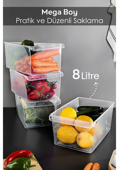 4 Adet Dolap İçi Buzdolabı Düzenleyici - Buzdolabı Meyve Sebze Saklama Kabı Organizer Sepet 8 Litre Şeffaf