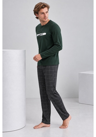 Pijamask Erkek Haki Yeşil Baskılı Üst Siyah Ekose Alt Uzun Kollu Pijama Takımı Haki