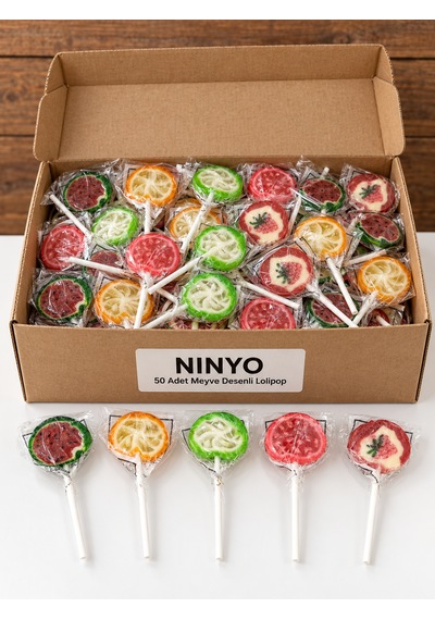 Ninyo Meyve Desenli Lolipop 50 Adet Doğum Günü, Parti Ve Okul Etkinliği İçin Karışık Şeker