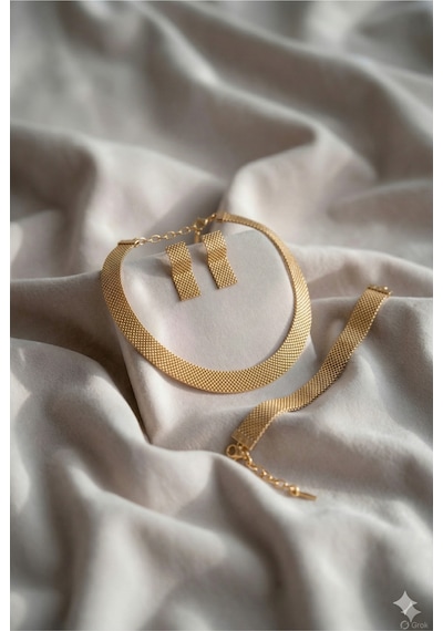 Altın Kaplama Hasır Choker Kolye Geniş Mesh Şık Kadın Gerdanlık Bileklik Küpe 3'lü Takı Seti Düğün