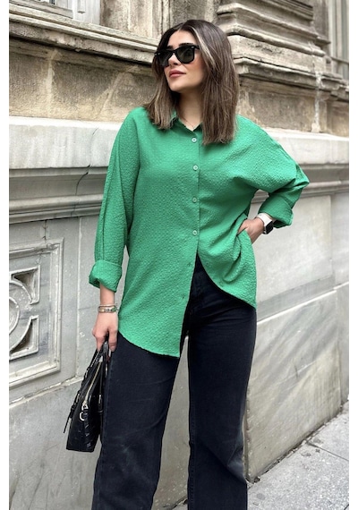 WeShaya Kadın Yeşil Basic Model, Gofre Kumaş, Salaş Gömlek Benetton