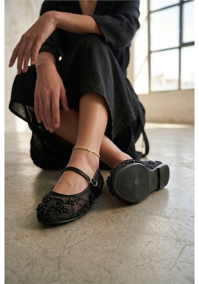 Moda Devrin Kadın Siyah İnci İşlemeli File Mary Jane Babet - Çiçek Desenli Boncuklu Şeffaf Tül Babet Moda Devrin Kadın Siyah İnci İşlemeli File Mary Jane Babet - Çiçek Desenli Boncuklu Şeffaf Tül Babet