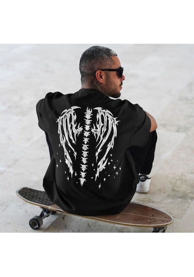Flood Of Style Erkek Siyah Yıldızlı Melek Kanadı Baskılı Bisiklet Yaka Tshirt