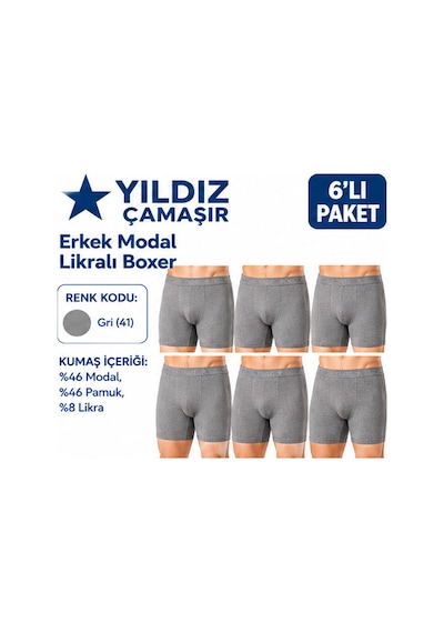 Yıldız Çamaşır Erkek Modal Likralı Boxer 36-37-38-39-40-41-42 - 6 Adet Gri