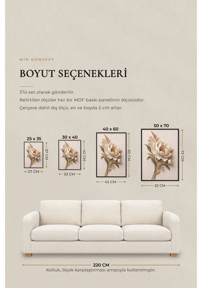 Siyah Çerçeveli Ivory Meadow Peony 3 Lü Ahşap Çerçeveli Mdf Tablo Seti Şakayık, Lavanta Ve Papatya Kuru Çiçek Temalı Kabartma Görünümlü Renk: Siyah