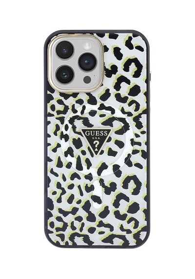 Apple Uyumlu iPhone 16 Pro Max Kılıf Guess Lisanslı M-safeli Üçgen Logolu Simli Leopar Desenli Kapak Siyah