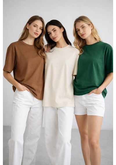 Kadın 3'lü Paket Yeşil-bej-kahve %100 Pamuk Oversize Basic Tişört Bisiklet Yaka Relaxed T-shirt Yeşil-bej-kahve