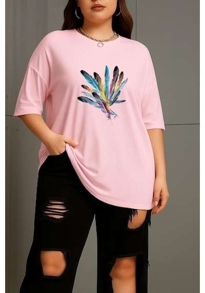 Benroma Büyük Beden Renkli Kuş Tüyü Baskılı Unisex Tişört Pembe Açık