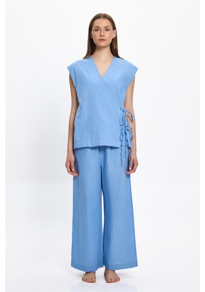 Toosalty Kadın Mavi Kısa Kollu %100 Cotton Kruvaze Top 25pl03st Mavi