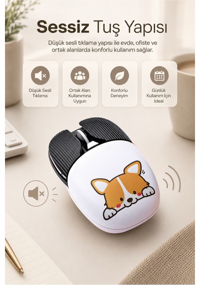 Şarjlı Bluetooth 2.4g Sessiz Kablosuz Mouse Köpek Desenli Çok Renkli Diğer