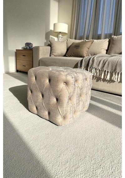 Küp Puf - Best İthal Kadife Babyface Kumaş Varak Baskı - Modern Ve Şık Dekoratif Puf&bench Bej