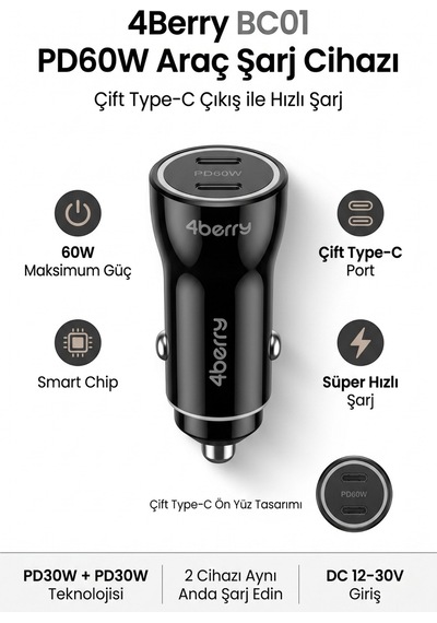 Bc01 Pd60w Dual Port Type-c Araç Şarj Cihazı 60w Max Süper Hızlı Şarj Adaptörü