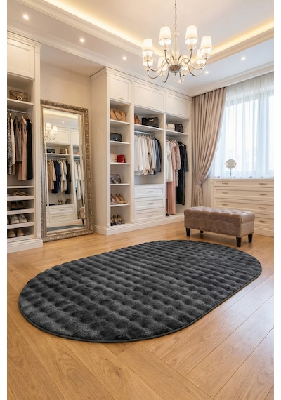 Oval Puffy Bubble Yumuşak Peluş Halı Kaymaz, Yıkanabilir, Antre, Hol, Mutfak Halısı Antrasit