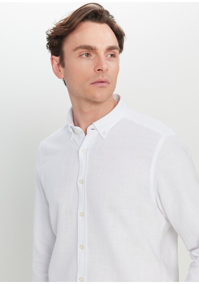 AC&Co / Altınyıldız Classics  Erkek Beyaz %100 Pamuk Flamlı Slim Fit Dar Kesim Düğmeli Yaka Armürlü Gömlek Beyaz