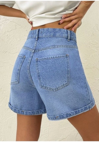 Kene Jeans Bacak Nakışlı Mavi İşlemli Kısa Kot Şort Mavi İşlemli