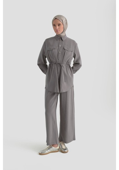 Armine Trend Beli Büzgü Detaylı Pantolonlu İkili Takım 26yt619 Açık Gri