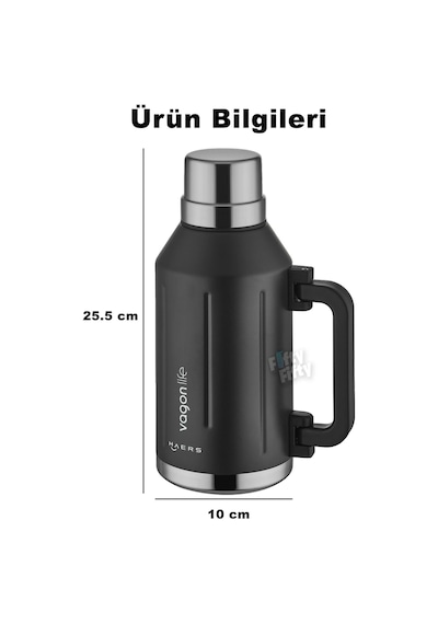Vagonlife 1.2 Litre Bardaklı Kullanım Kulplu Paslanmaz Çelik Termos-ffvgn1004-1200ml Siyah