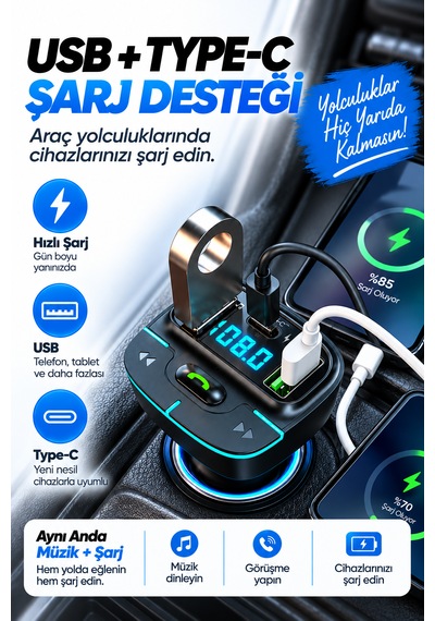Bluetooth Fm Transmitter Araç Kiti Usb Type-c Hızlı Şarj Hd Mikrofon