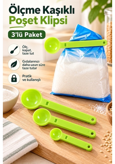 Ölçme Kaşıklı Poşet Klipsi 3 Lü Paket