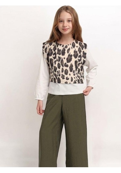Escabel Kız Çocuk Leopar Bluzlu Pantolon Takım-15591 Haki