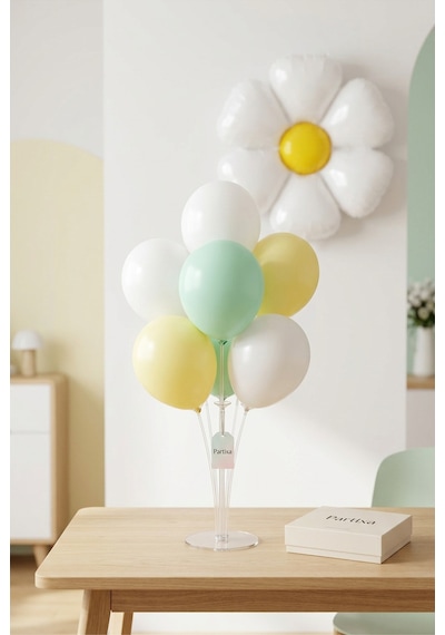 Papatya Balon Stand Seti Şeffaf 7 Li Stand + Papatya Folyo Balon + 7 Lateks Balon Beyaz-butter-mint Yeşil