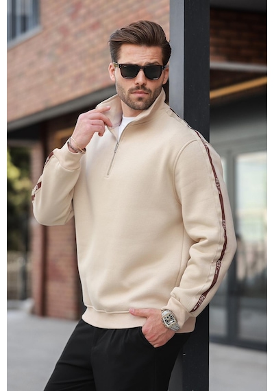 Madmext Bej Fermuarlı Yarım Balıkçı Yaka Erkek Sweatshirt E7164 Bej
