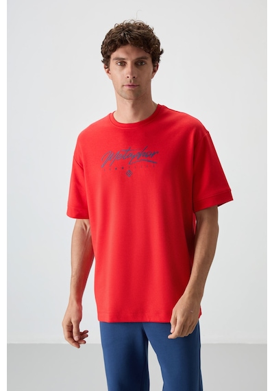 Tommy Life Fiesta-parlament Pamuklu Kalın Yumuşak Dokulu Oversize Fit Baskılı Erkek T-shirt - 88320 Kırmızı - Mavi